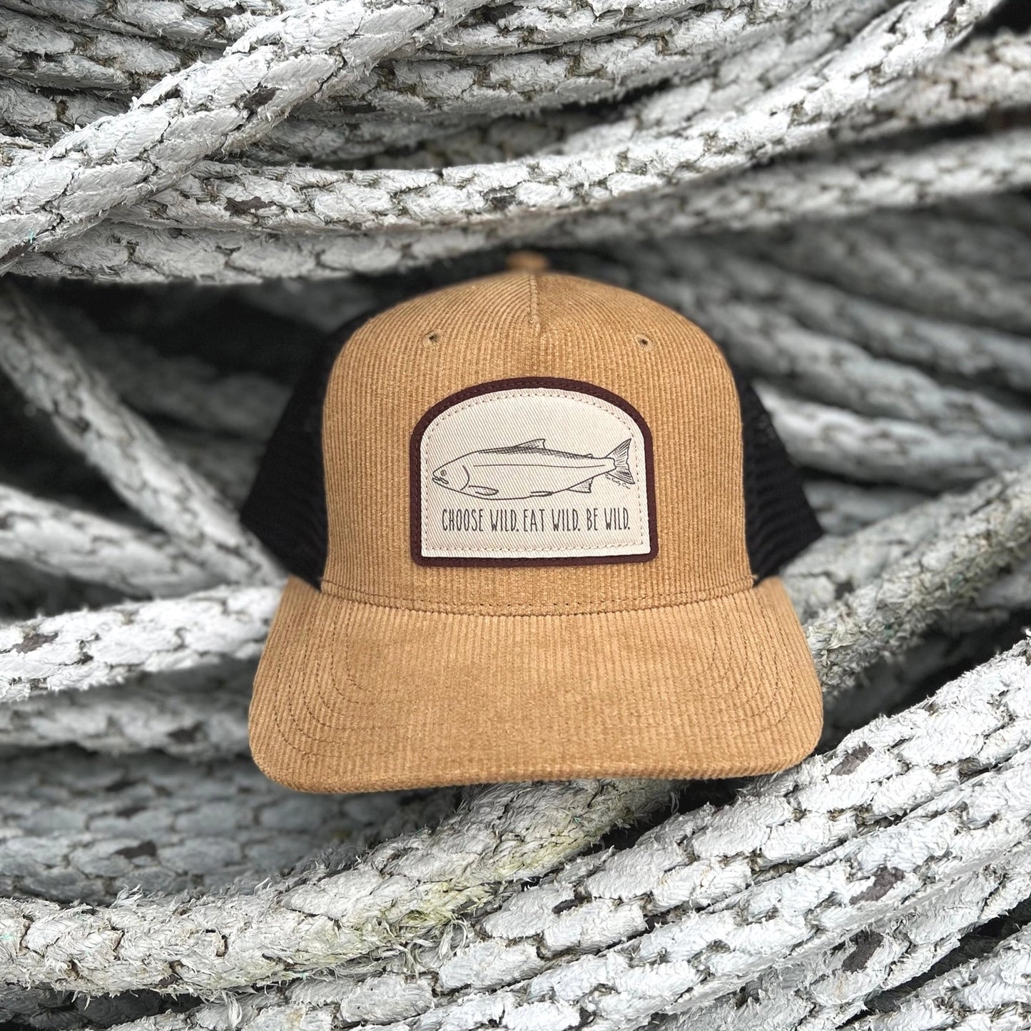 “Choose Wild, Eat Wild, Be Wild” Alaska Salmon Patch Hat from The Knotty Crew - Adult Sizing
