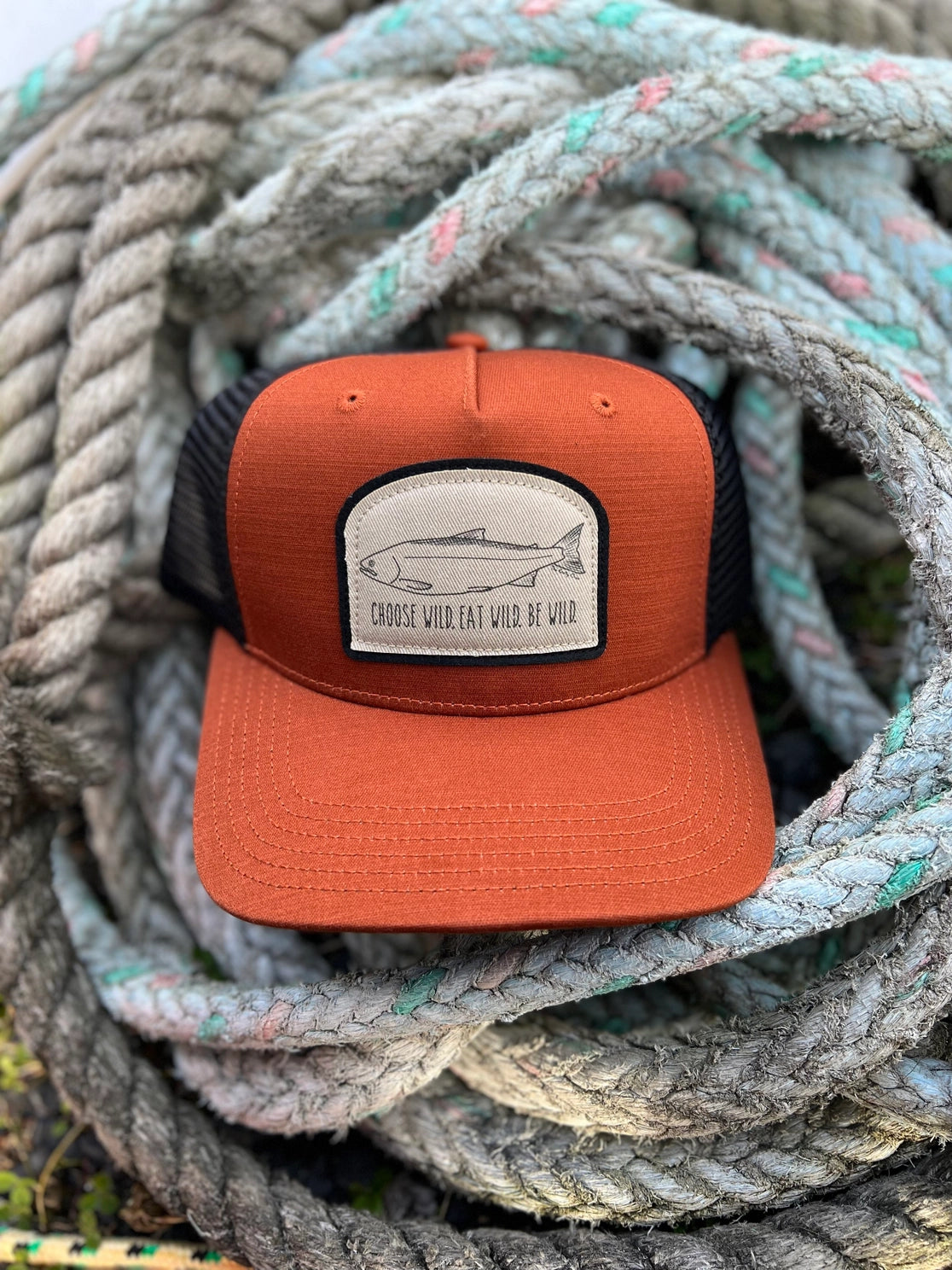 “Choose Wild, Eat Wild, Be Wild” Alaska Salmon Patch Hat from The Knotty Crew - Adult Sizing